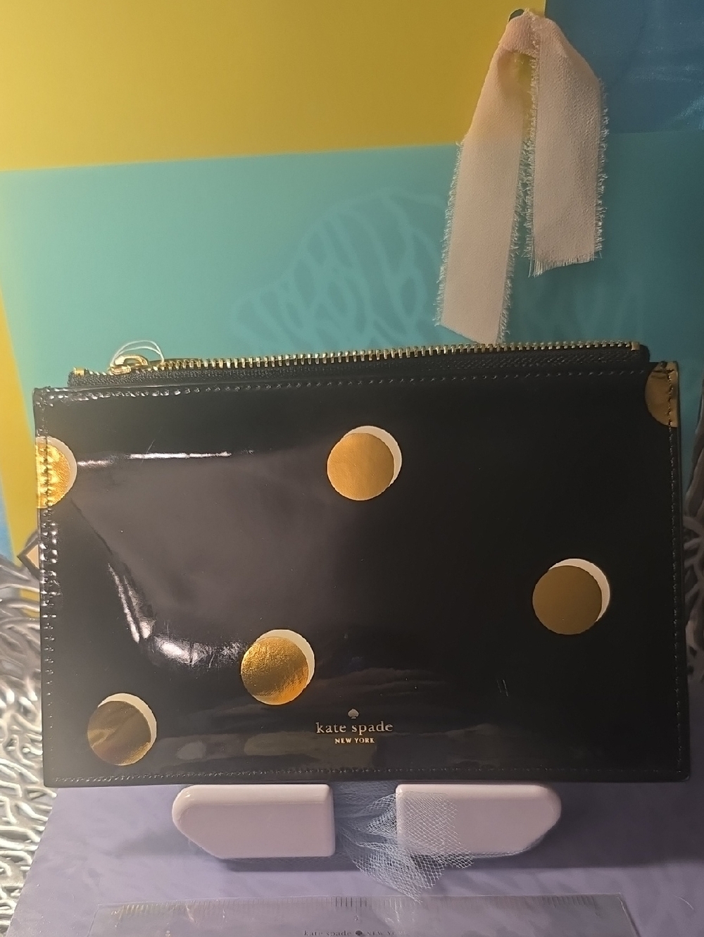 kate spade Black Patent "Pencil Dot" with Gold Polka Dots